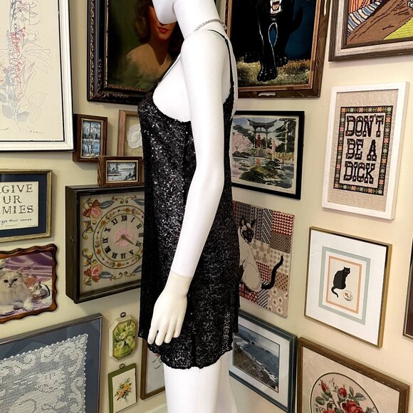 Intimately Free People Sheer Black Sequin Spaghetti Strap Mini Slip Dress Size M - Picture 2 of 4